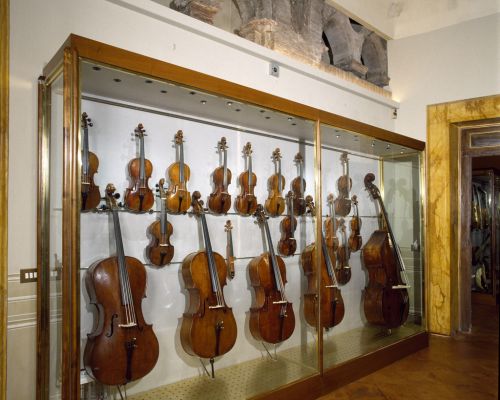 5600 sala degli strumenti vetrina con violini e Violoncelli